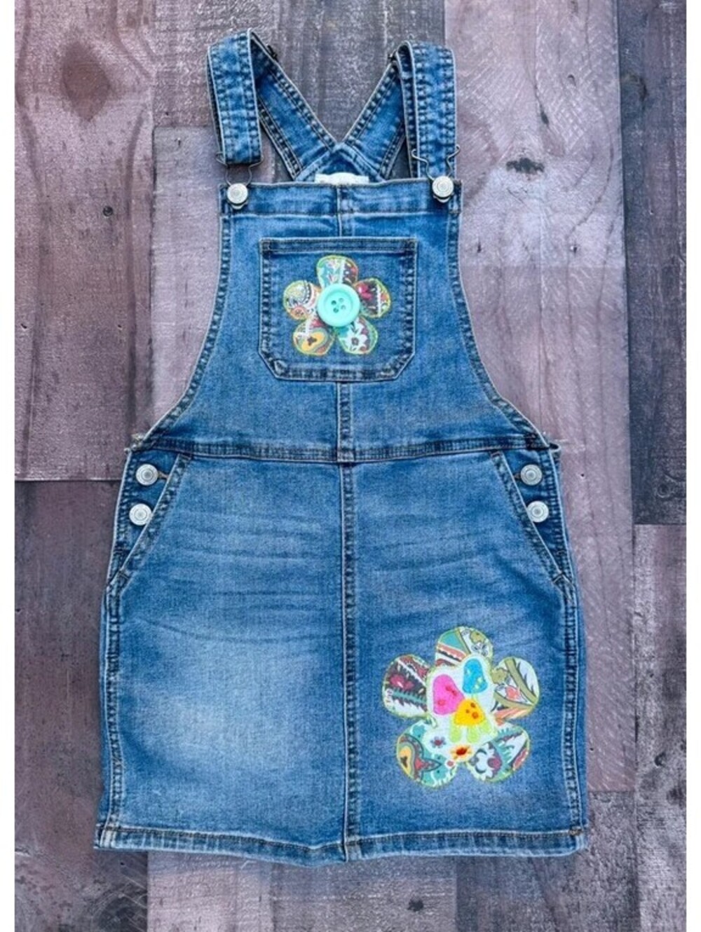 So Upcycled Overalls Boho Paisley & Mushrooms Skirt Size 8 Girls
